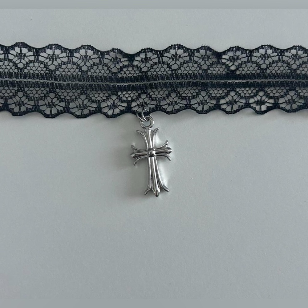 Black Lace Choker with Silver Cross Pendant